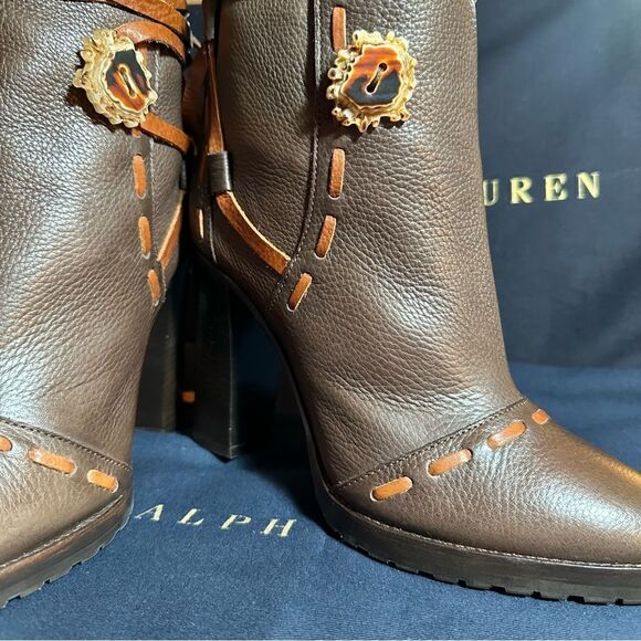 Ralph Lauren Collection 2015 Brown Tumbled  Leather Boot with Horn Buttons - Picture 1 of 16